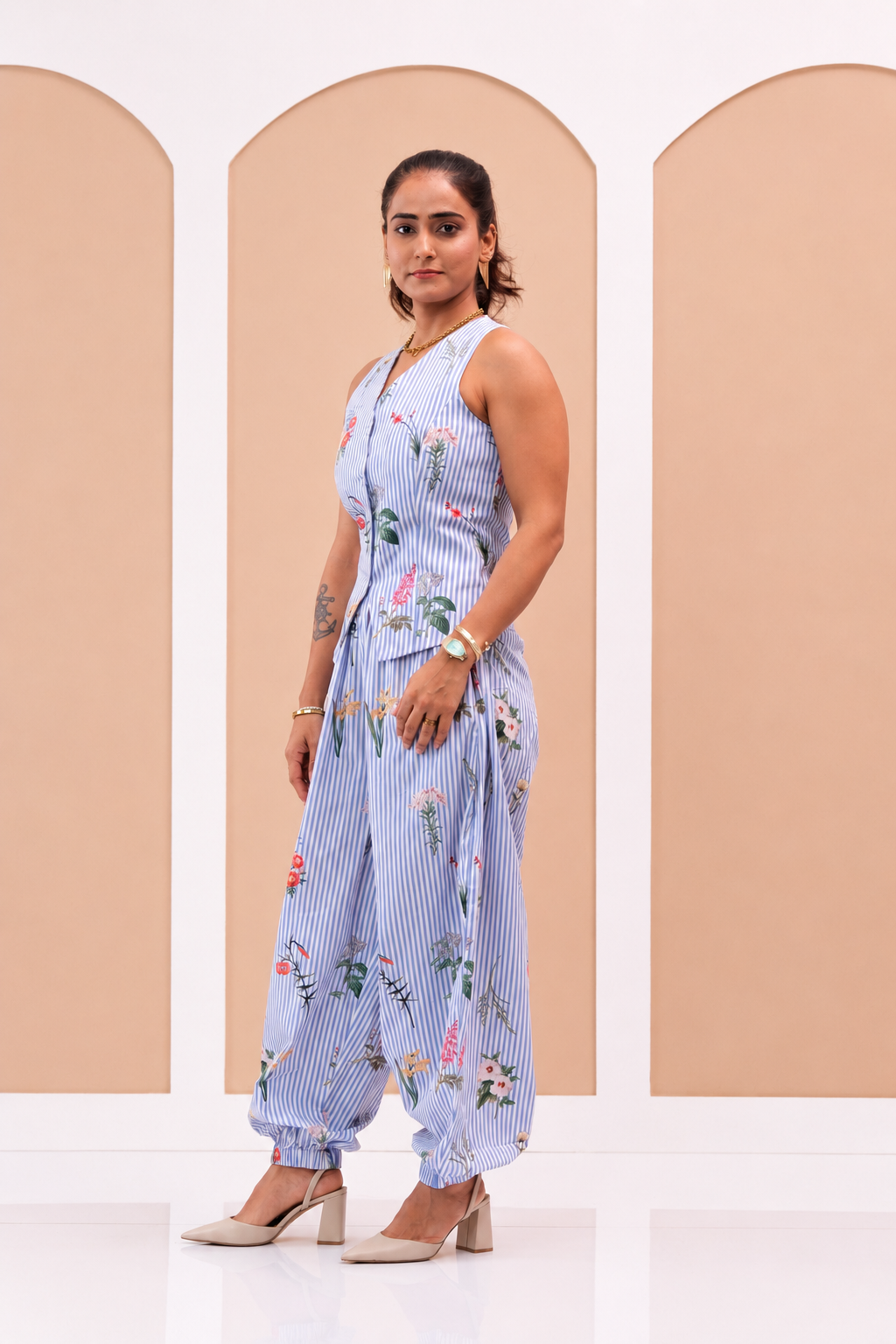 Wildflower Lane - Women's Blue Striped Blazer & Balloon Pants