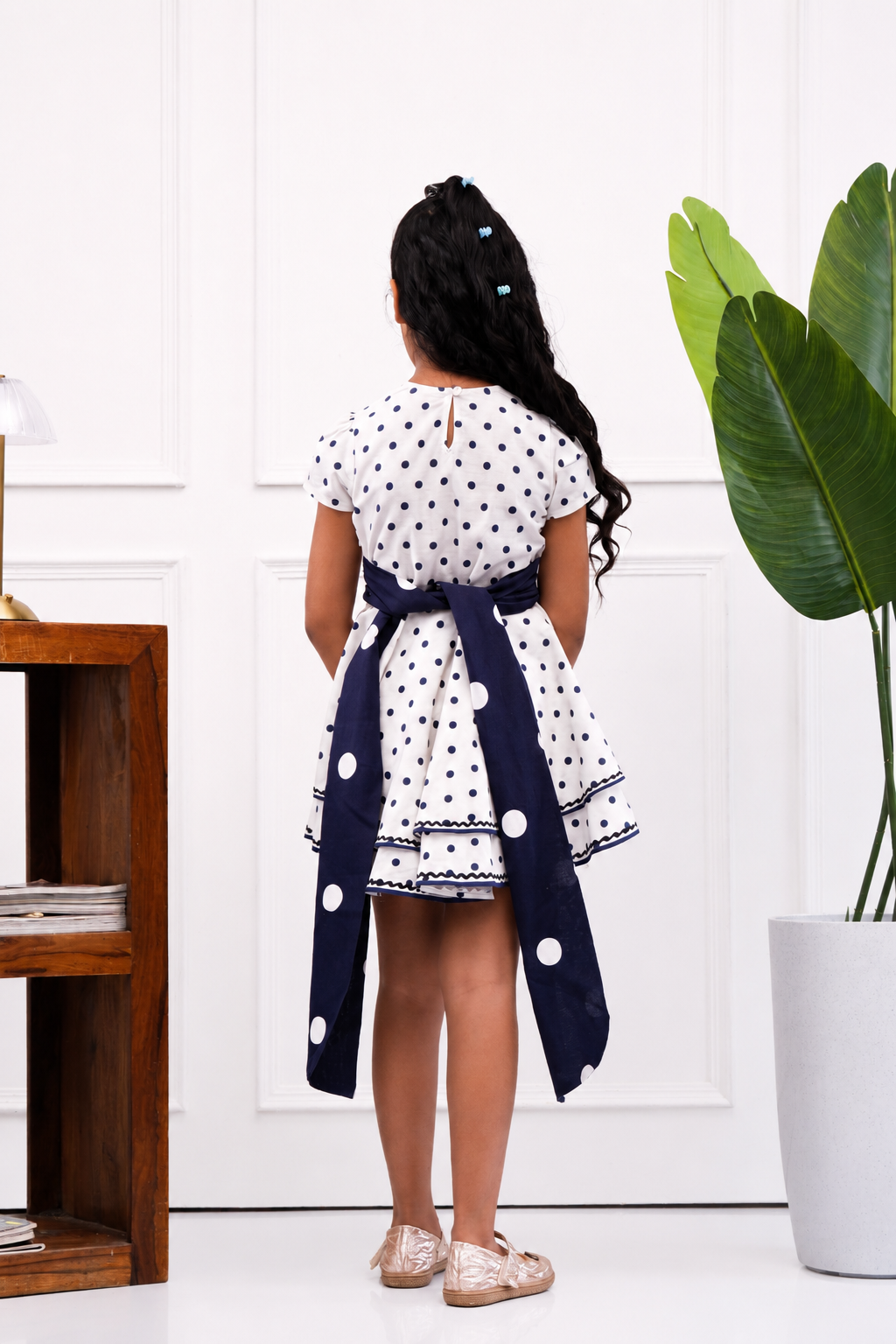 Nancy - Girls's Navy Polka Dress