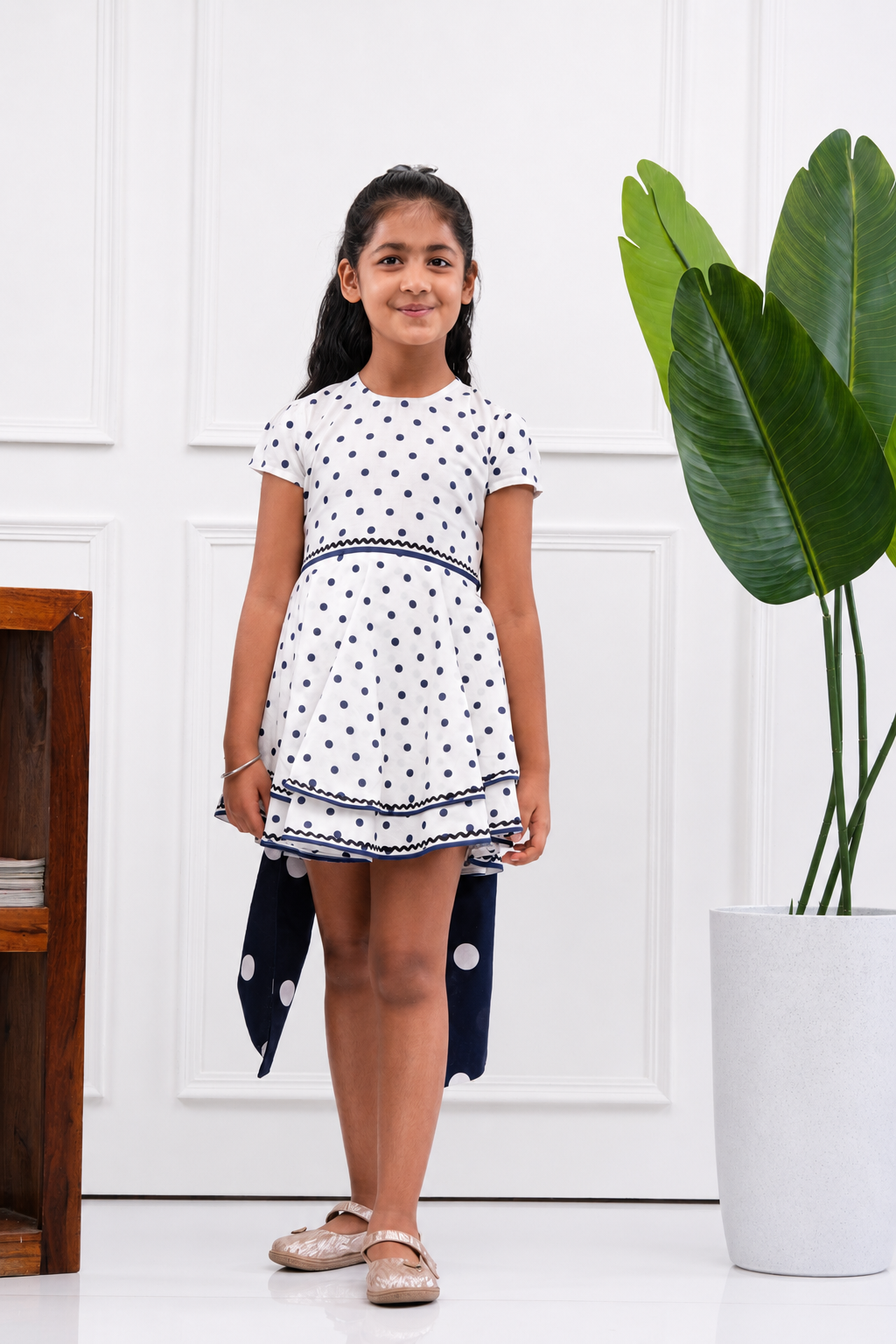 Nancy - Girls's Navy Polka Dress